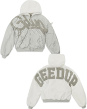 Load image into Gallery viewer, Geedup Handstyle Team Logo Reversible Bomber Jacket in White and Grey (2023)