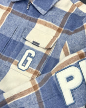 Load image into Gallery viewer, Geedup Play for Keeps PFK Flannel Jacket in Light Blue Cream White (2025)