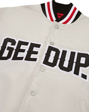 Load image into Gallery viewer, Geedup Company Varsity Bomber Jacket in Grey/Red - Bisy Clothing