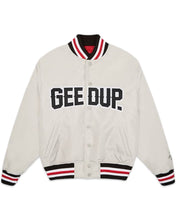 Load image into Gallery viewer, Geedup Company Varsity Bomber Jacket in Grey/Red - Bisy Clothing