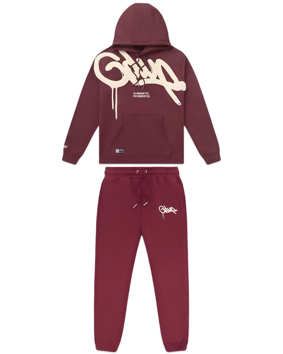 Geedup Handstyle Hoodie and Trackpants Combo in Maroon and Cream