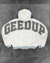 Load image into Gallery viewer, Geedup Handstyle Team Logo Reversible Bomber Jacket in White and Grey (2023)