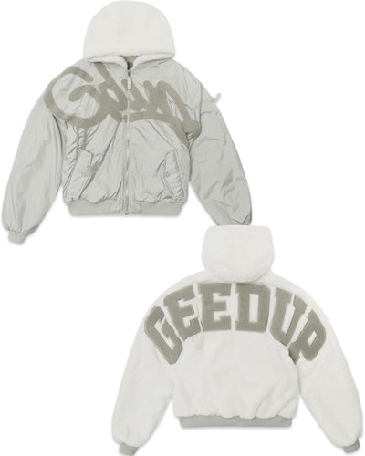 Geedup Handstyle Team Logo Reversible Bomber Jacket in White and Grey (2023)