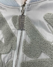 Load image into Gallery viewer, Geedup Handstyle Team Logo Reversible Bomber Jacket in White and Grey (2023)