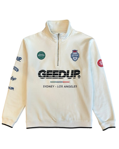 Geedup Sportsman Badges Quarert Zip Jumper in Cream (2023)