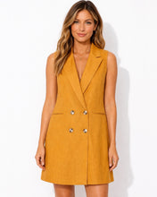 Load image into Gallery viewer, Madison The Label Mustard Sleeveless Linen Double Breasted  Blazer Dress