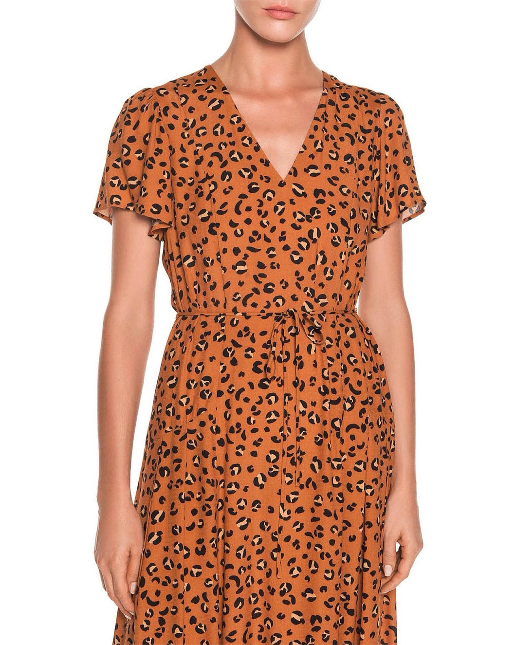 Veronika Maine Tan Leopard V Neck Midi Dress