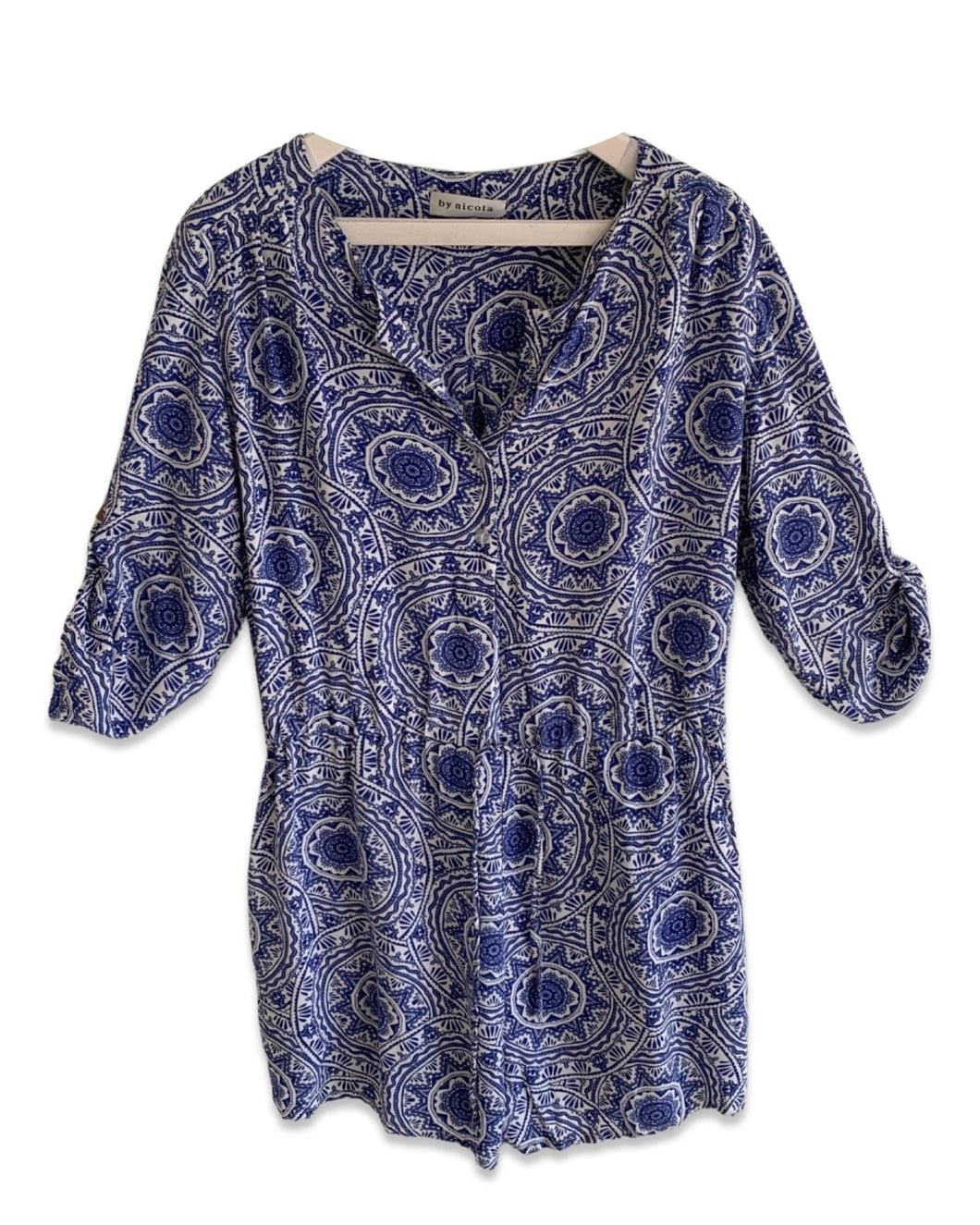 BY NICOLA Size 6 (AU) Geometric Playsuit in Blue / White 270123 - Bisy Clothing