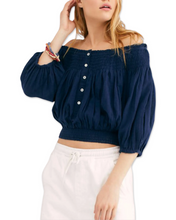 Load image into Gallery viewer, Free People Navy Blue Dancing Till Dawn Off the Shoulder Cropped Top ⏐ Size M