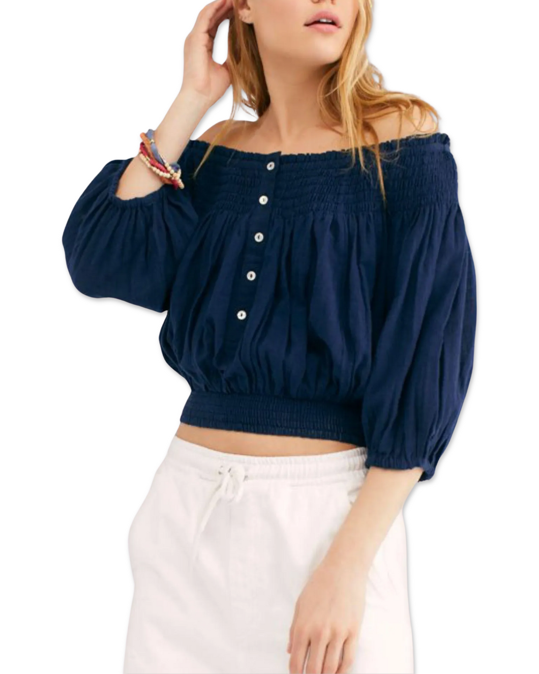 Free People Navy Blue Dancing Till Dawn Off the Shoulder Cropped Top ⏐ Size M