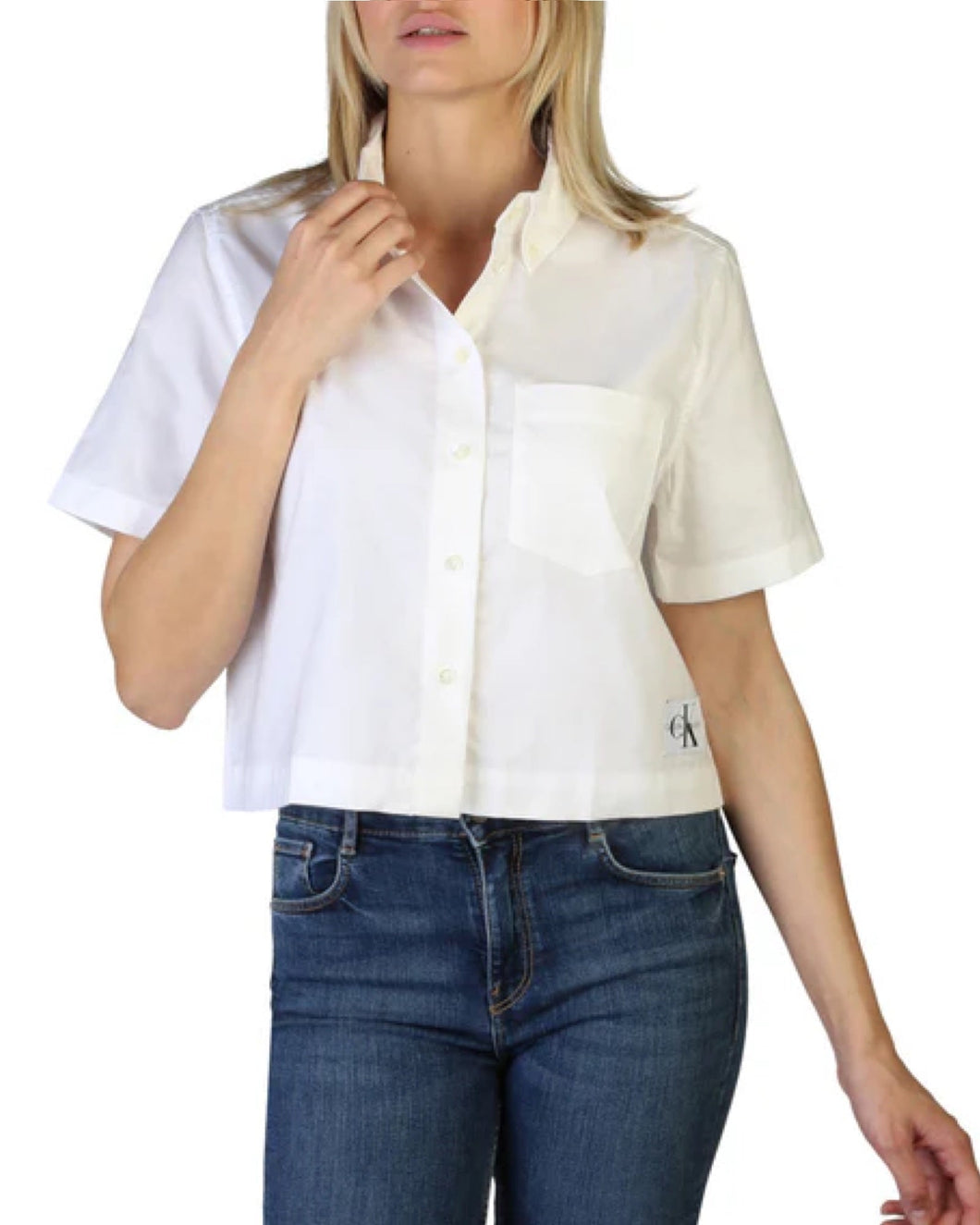 Calvin Klein Jeans Cropped Short Sleeve Shirt in White - Bisy Clothing