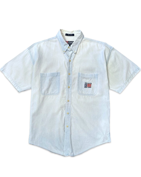 Chaps Ralph Lauren Vintage Short Sleeve Shirt in Chambray Blue (90's) - Bisy Clothing