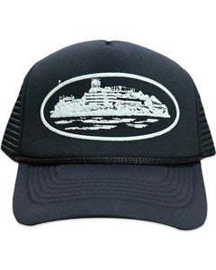 Corteiz Alcatraz Premium Puff Print Trucker Hat in Black / White (2025) - Bisy Clothing