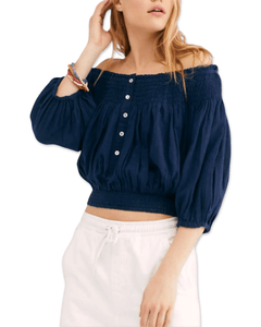 Free People Navy Blue Dancing Till Dawn Off the Shoulder Cropped Top ⏐ Size M - Bisy Clothing