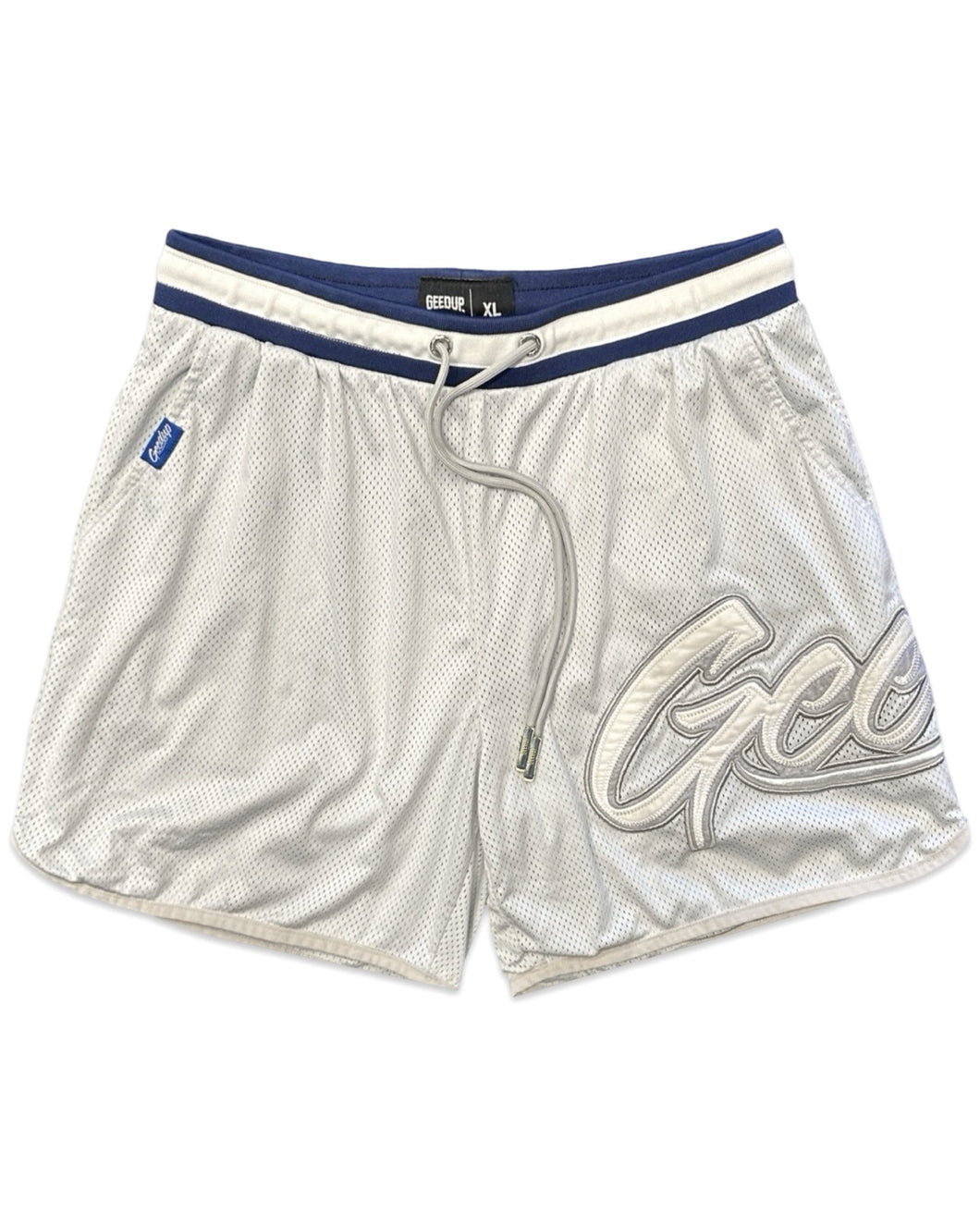Geedup Script Perforated Shorts in Grey / Blue (2021) - Bisy Clothing