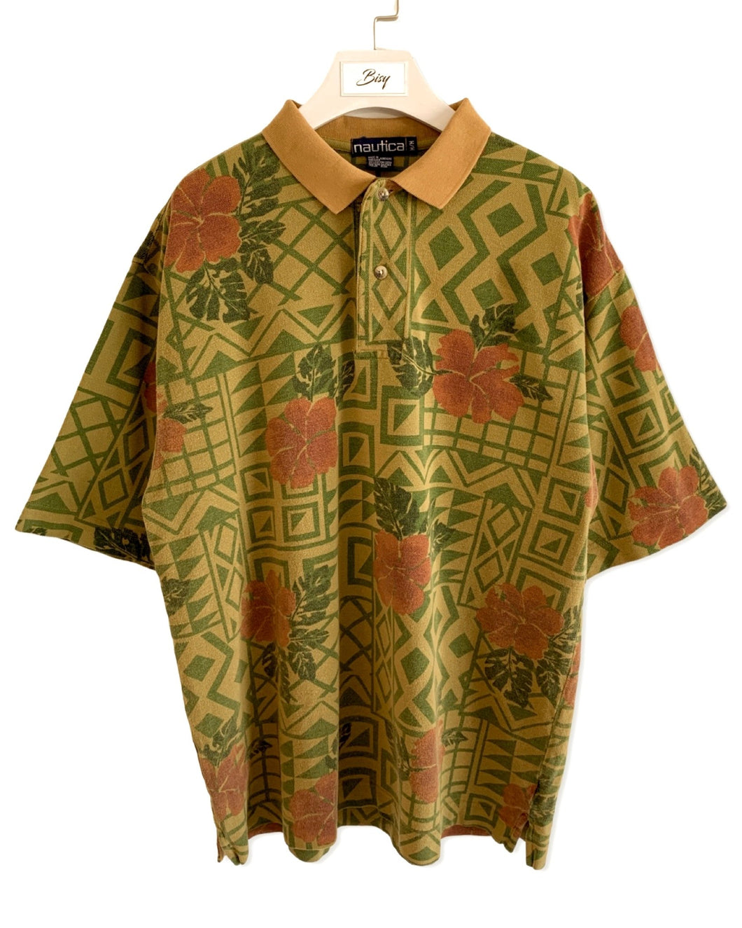 NAUTICA Size M/L Vintage Polo Shirt Short Sleeve Floral Geometric in Grey/Gold - Bisy Clothing