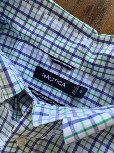 NAUTICA Size XL Long Sleeve Green, White and Blue Check Button Shirt Men's APR821 - Bisy Clothing