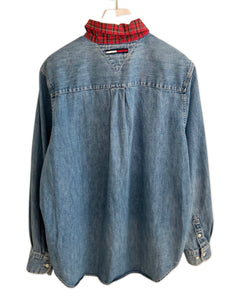 Vintage Long Sleeve Denim Shirt with Plaid Collar ⏐ Size 12