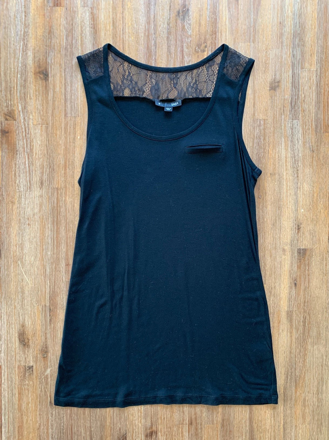 SABA Size M Basic Black Top with Frill on Back Shoulders Women's JAN140 - Bisy Clothing