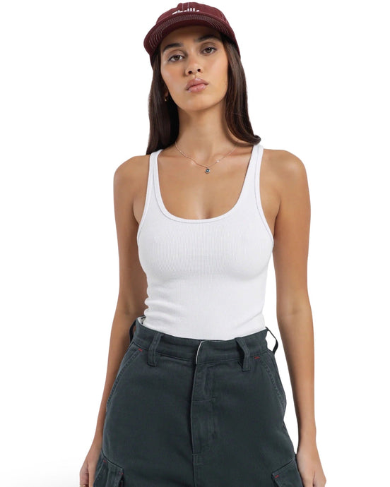 Thrills Elle Plunge Ribbed Tank in White - Bisy Clothing