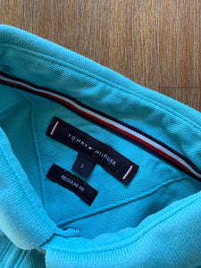 TOMMY HILFIGER Size S TH NY Polo Shirt in Teal Sleeve Embroidery Men's DEC87 - Bisy Clothing