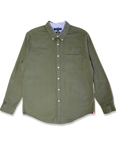 TOMMY HILFIGER Size XL Slim Fit Long Sleeve Shirt in Khaki Green - Bisy Clothing