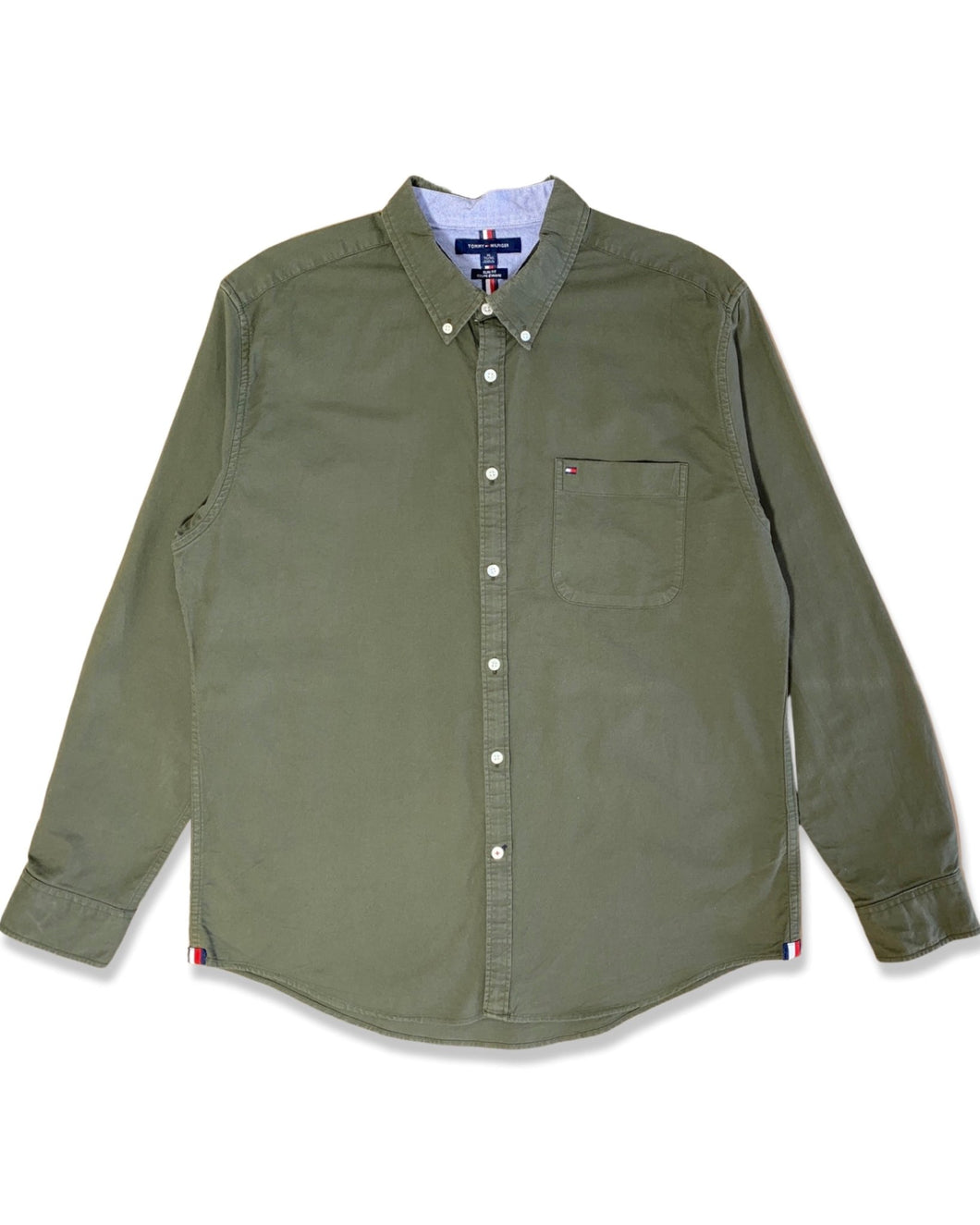 TOMMY HILFIGER Size XL Slim Fit Long Sleeve Shirt in Khaki Green - Bisy Clothing