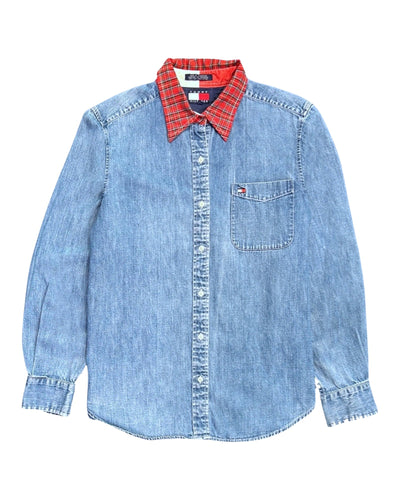 Vintage Long Sleeve Denim Shirt with Plaid Collar ⏐ Size 12 - Bisy Clothing