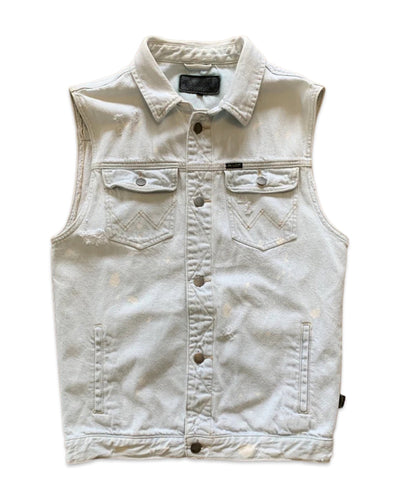 WRANGLER Size S Distressed Denim Acid Wash Sleeveless Button Vest - Bisy Clothing
