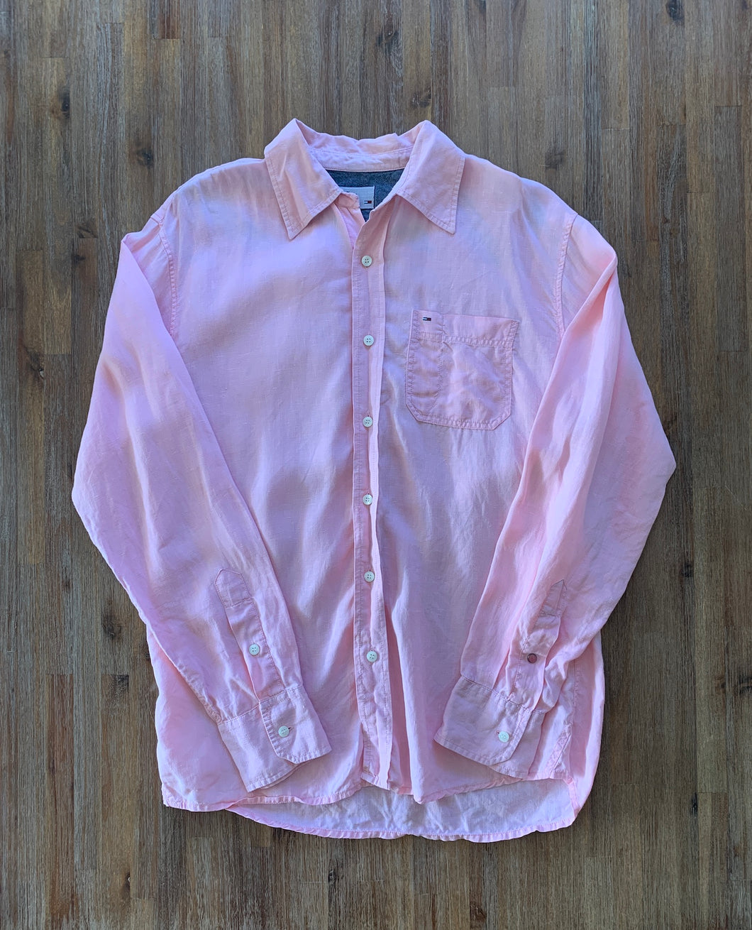 TOMMY HILFIGER Size S Long Sleeve Linen Shirt in Salmon Pink Men's SEP99