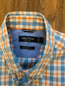 NAUTICA Size S Classic Fit Orange and Blue Check Short Sleeve Shirt Men's JUL29