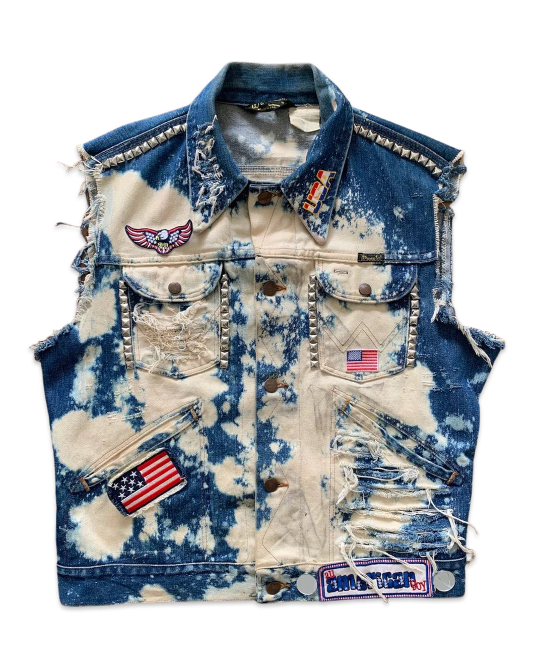 WRANGLER Size 12 (M) Vintage Custom USA flag Denim Distressed Sleeveless Jacket