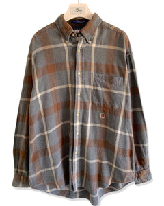 TOMMY HILFIGER Size M/L Vintage Long Sleeve Flannel Crest Embroidery in Grey/Brown Plaid