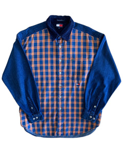 TOMMY HILFIGER Size L/XL Vintage Long Sleeve Shirt in Plaid (Denim / Corduroy Collar)