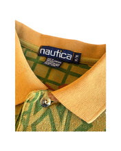 將圖片載入圖庫檢視器 NAUTICA Size M/L Vintage Polo Shirt Short Sleeve Floral Geometric in Grey/Gold