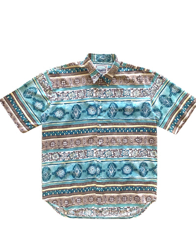 SHIRTS AT WORK Size L Vintage Aztec Party Short Sleeve Shirt in Blue Mens