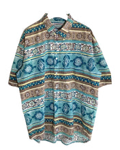 Load image into Gallery viewer, SHIRTS AT WORK Size L Vintage Aztec Party Short Sleeve Shirt in Blue Mens